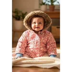 Baby Boden 9-12 Months Quilted Floral Jacket Hooded Removable Fleece Lining